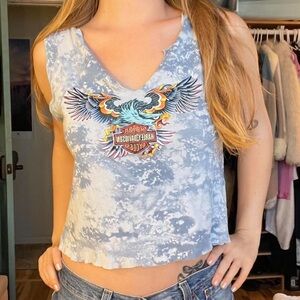 y2k Harley-Davidson Blue Tie-Dye Eagle Graphic V-Neck Tank